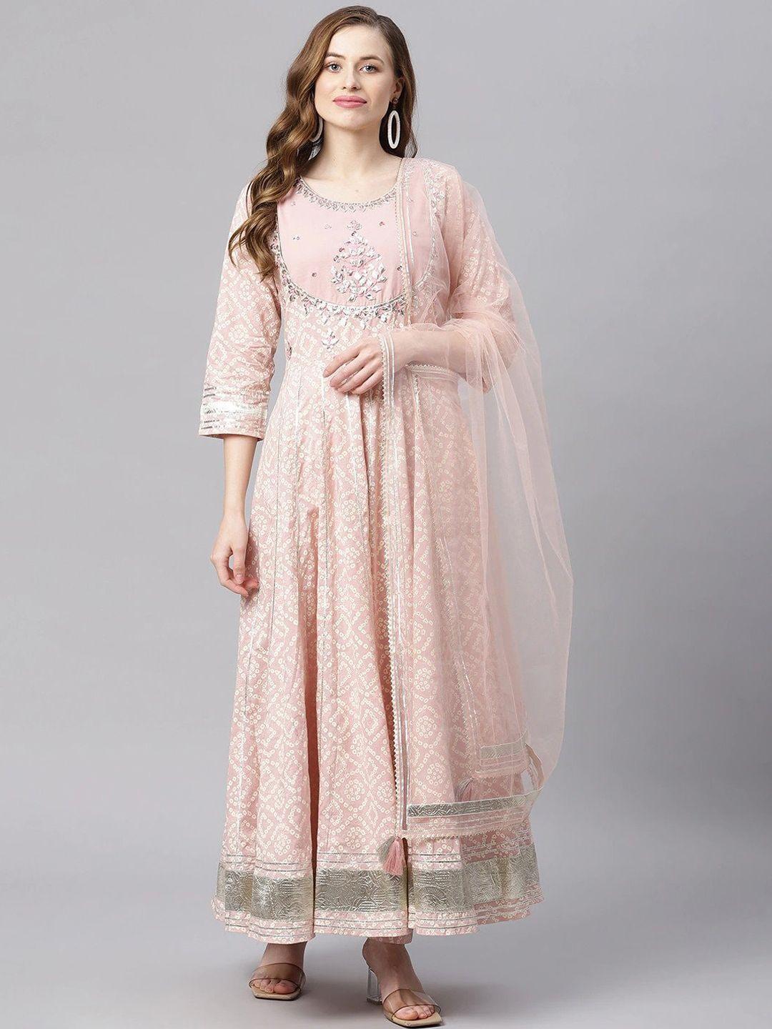 kalini bandhani printed thread work pure cotton anarkali kurta & trousers with dupatta