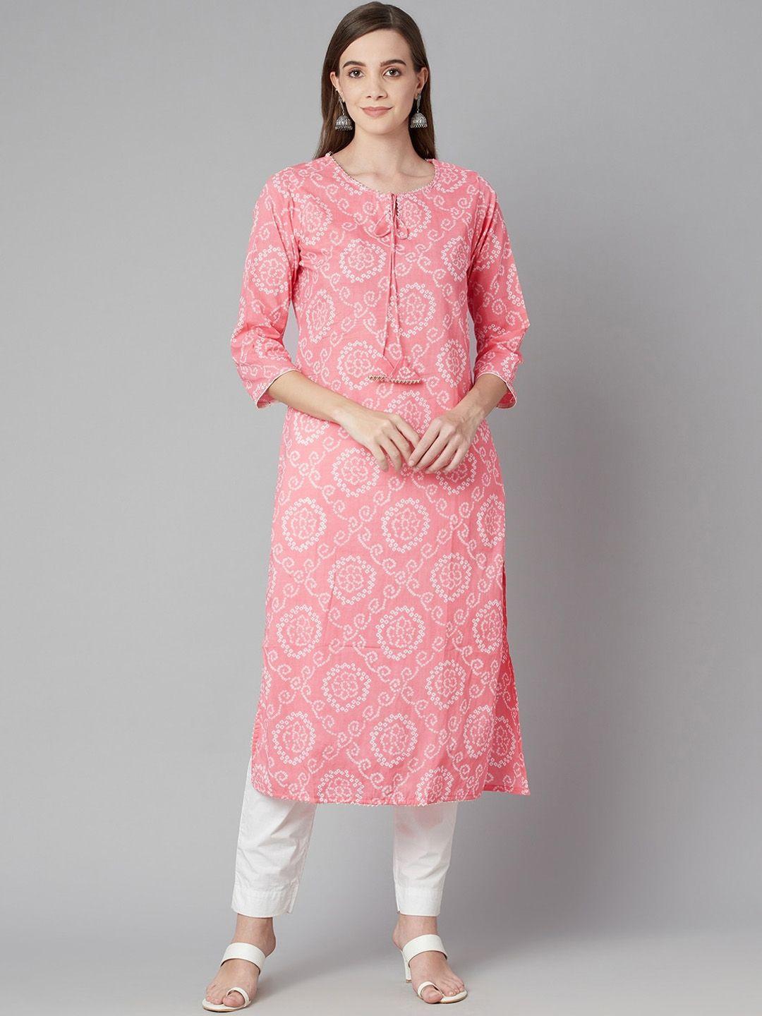 kalini bandhani printed tie-up neck cotton straight kurta