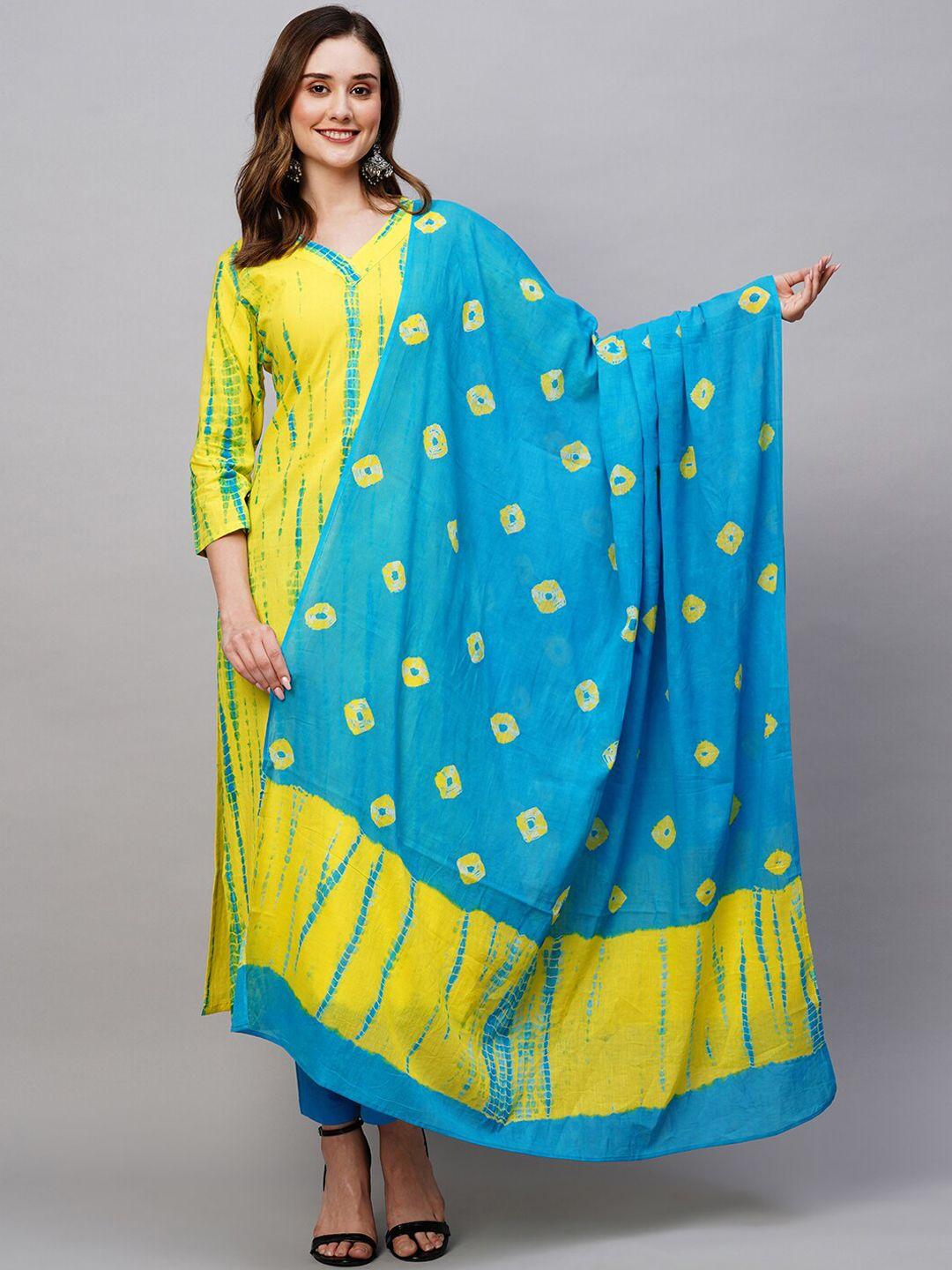 kalini bandhani printed v-neck regular kurta with trousers & with dupatta