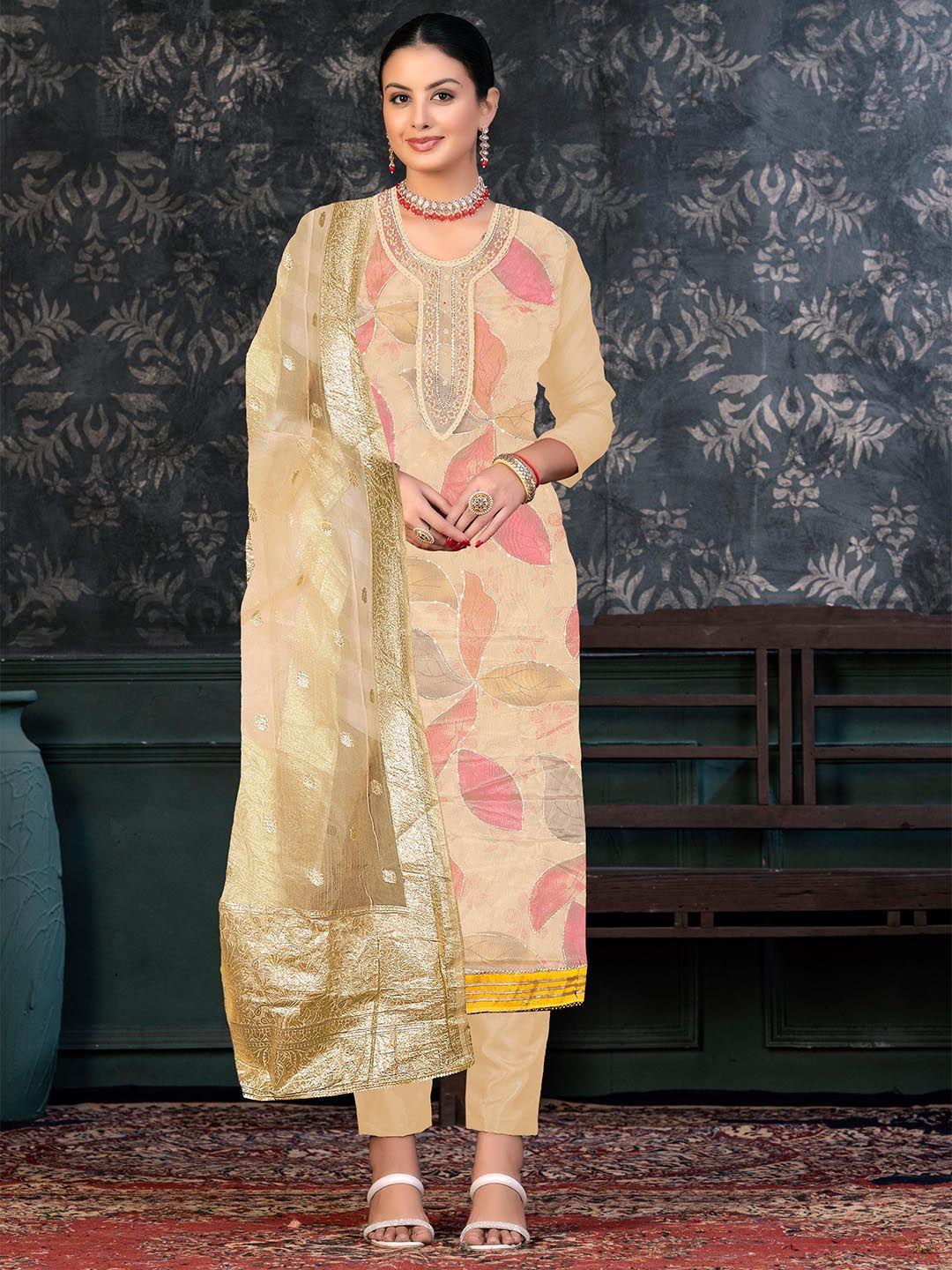 kalini beige & beige embroidered organza unstitched dress material