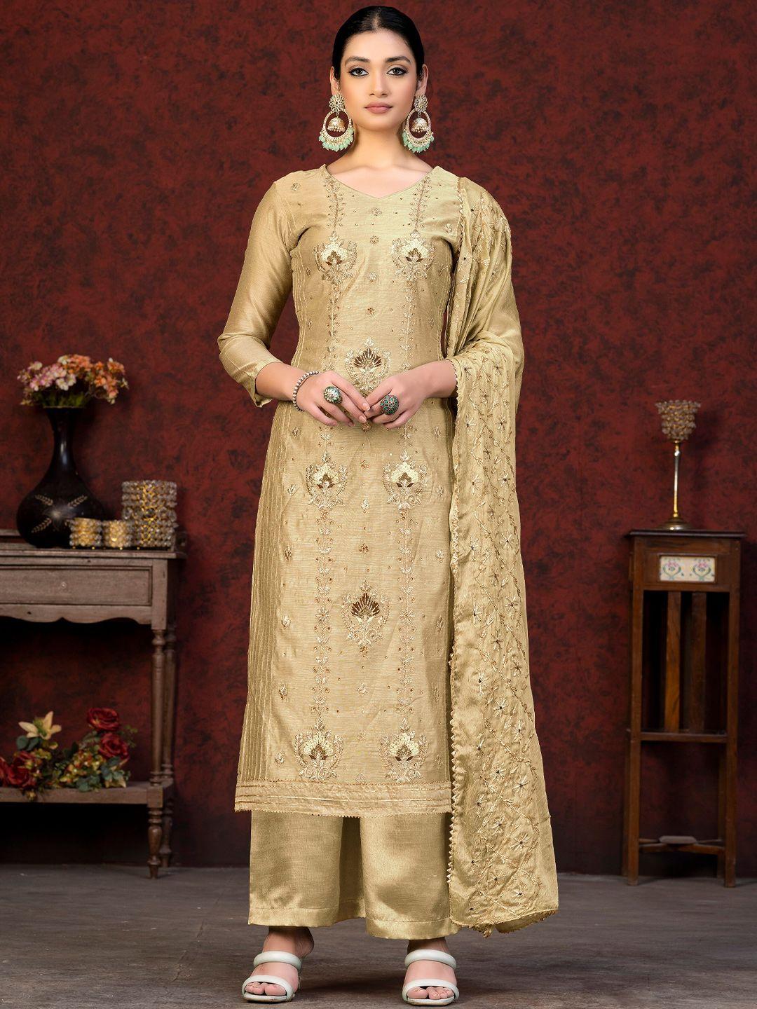 kalini beige & beige embroidered unstitched dress material