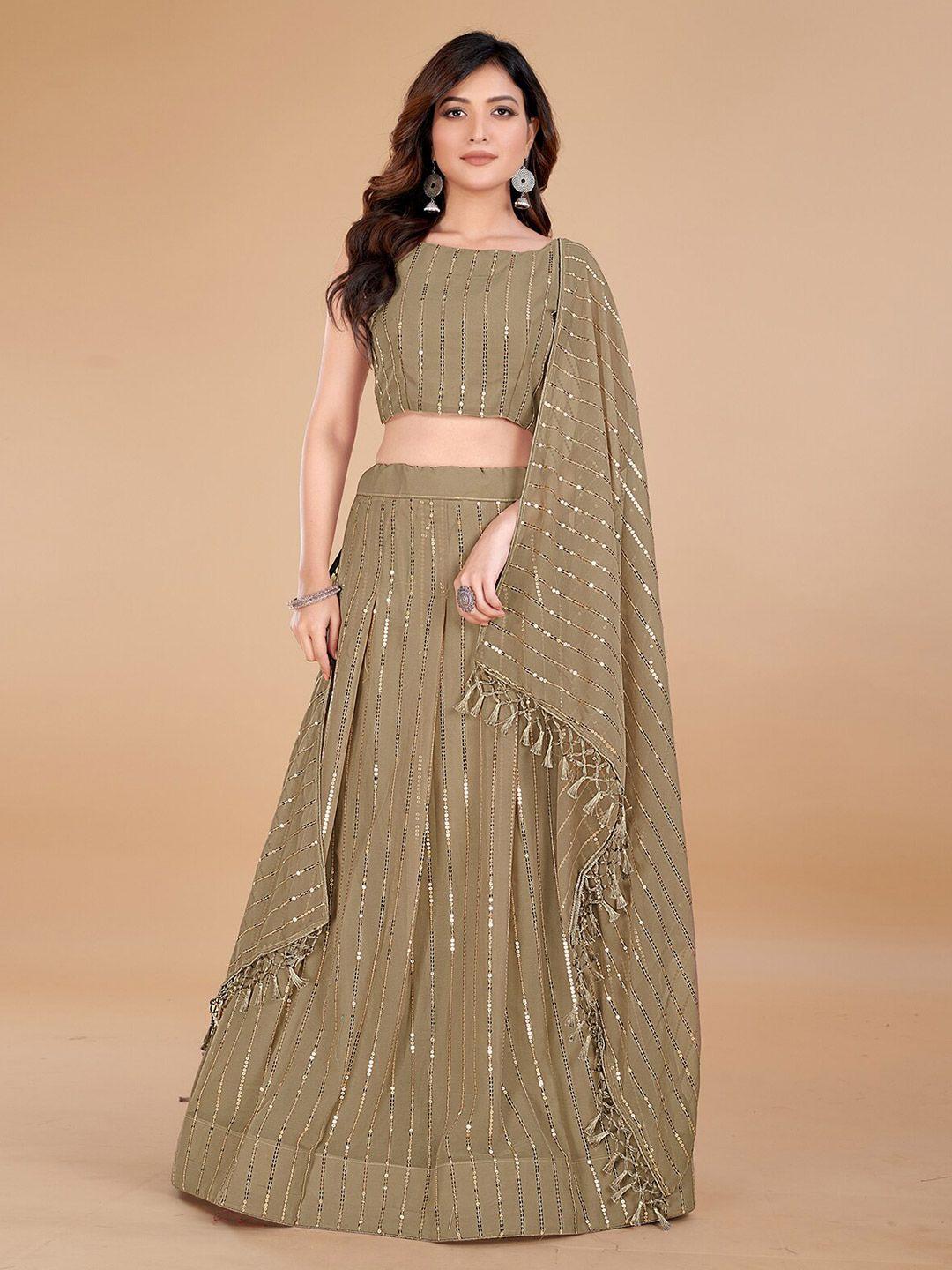 kalini beige & gold-toned embellished sequinned semi-stitched lehenga & unstitched blouse with dupatta