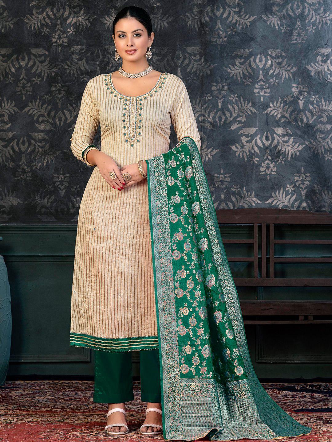 kalini beige & green embroidered pure cotton unstitched dress material