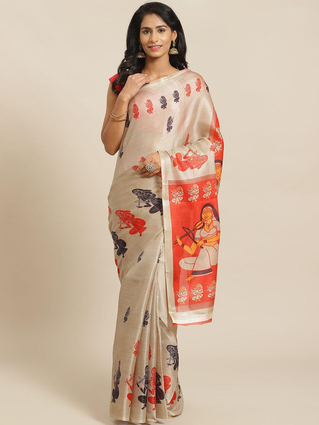 kalini beige & orange printed bhagalpuri saree