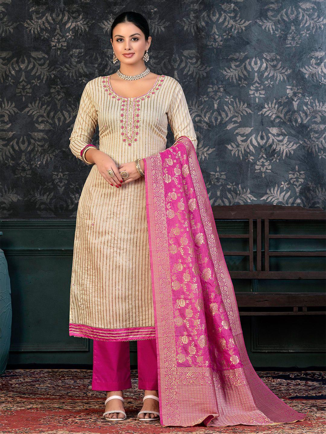 kalini beige & pink embroidered pure cotton unstitched dress material