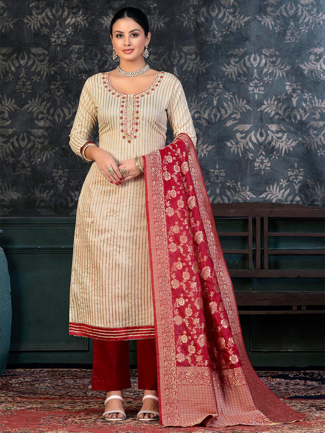 kalini beige & red embroidered pure cotton unstitched dress material