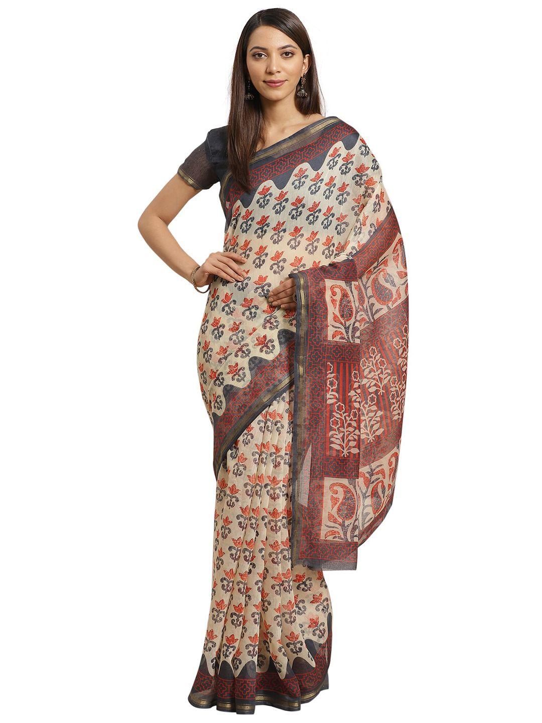 kalini beige & red floral zari silk blend saree