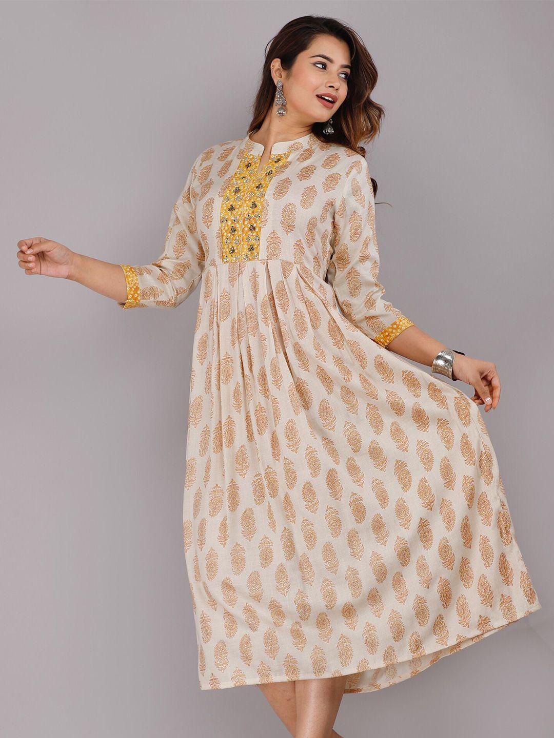 kalini beige & yellow ethnic motifs a-line midi dress