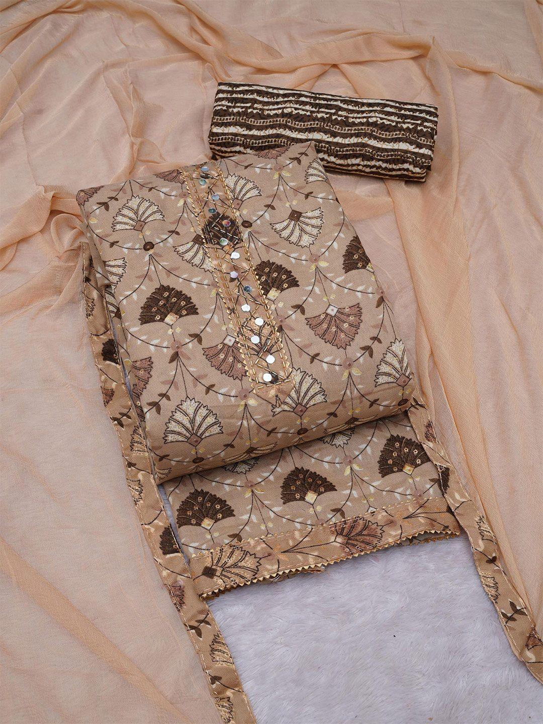 kalini beige printed art silk unstitched dress material