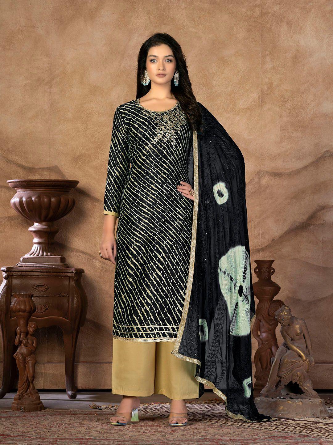kalini black & beige embroidered pure cotton unstitched dress material