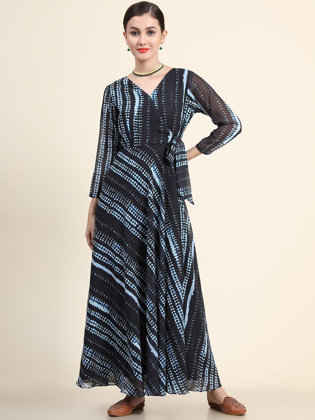 kalini black & blue printed georgette maxi dress