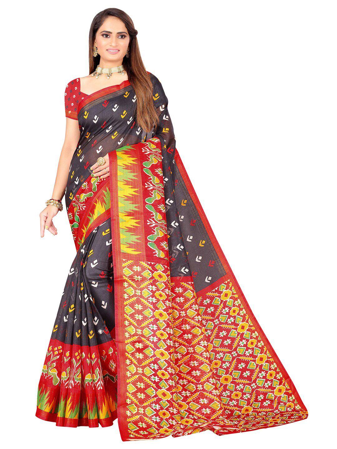 kalini black & red ethnic motifs art silk ikat saree