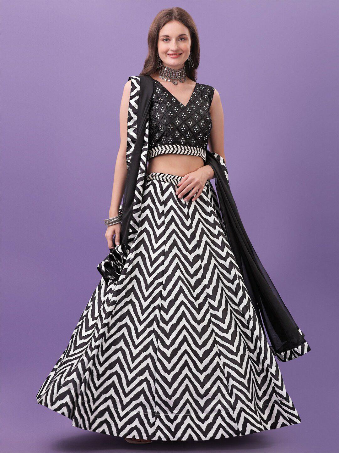 kalini black & white embroidered mirror work semi-stitched lehenga & unstitched blouse with dupatta