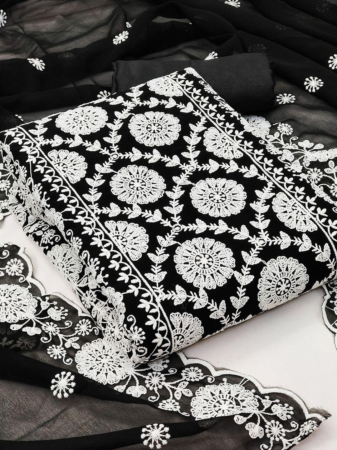 kalini black & white embroidered silk georgette unstitched dress material