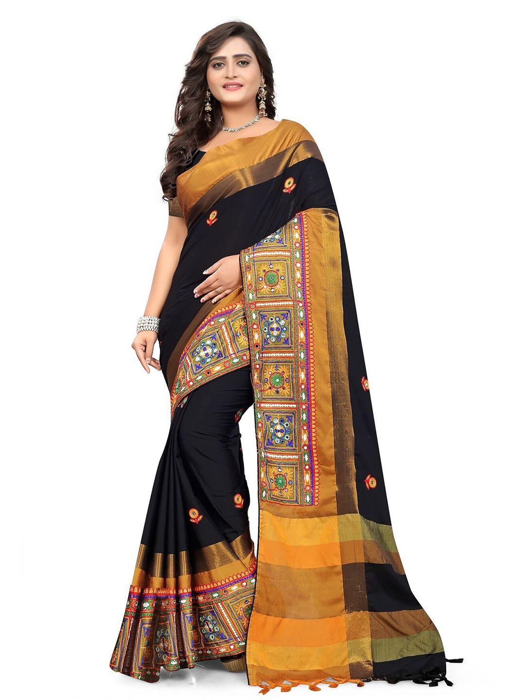kalini black & yellow floral embroidered silk cotton  jamdani saree
