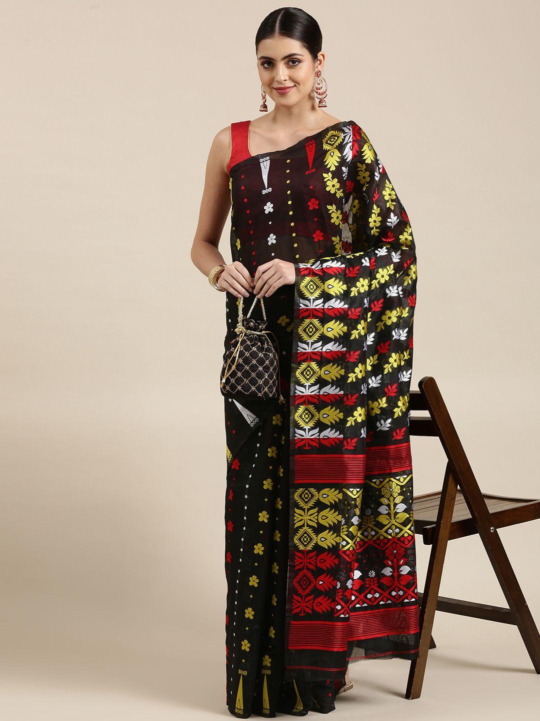 kalini black & yellow woven design silk cotton jamdani saree