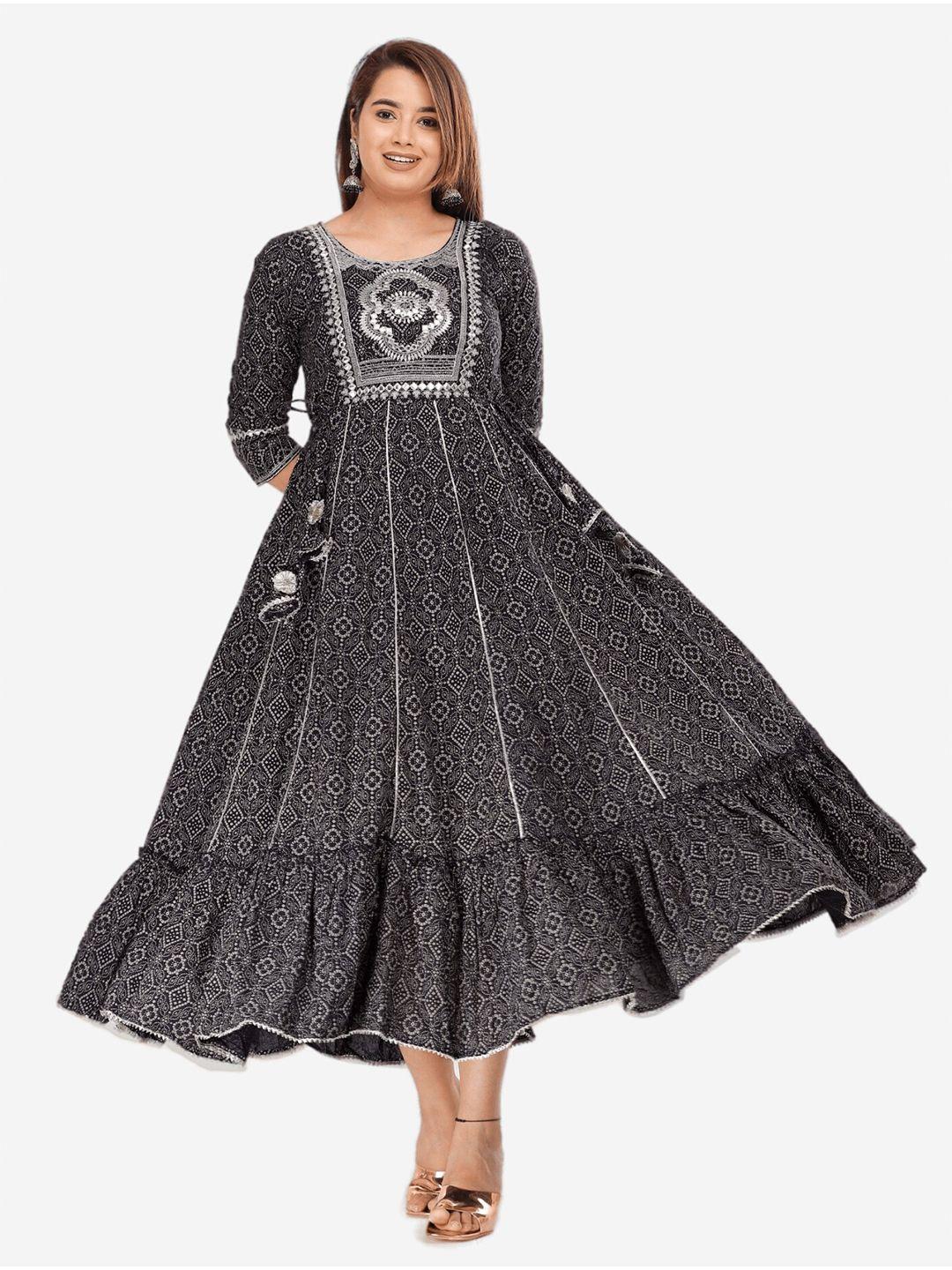 kalini black ethnic motifs maxi fit & flare dress