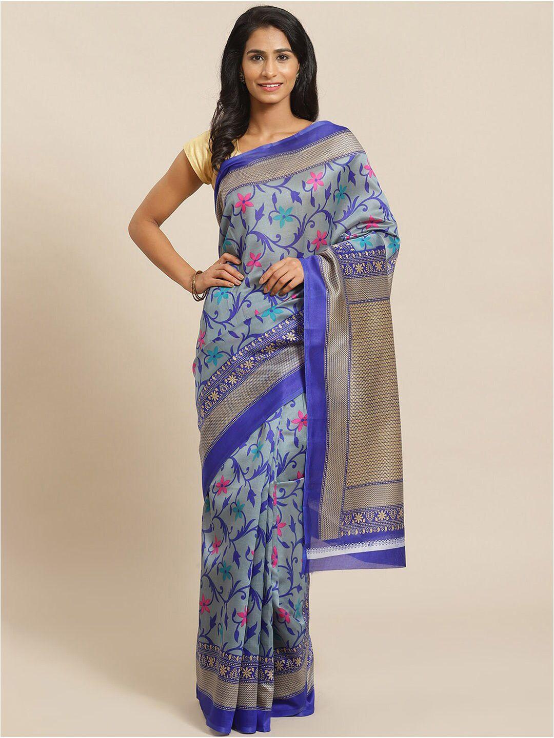 kalini blue & beige floral art silk  mysore silk saree