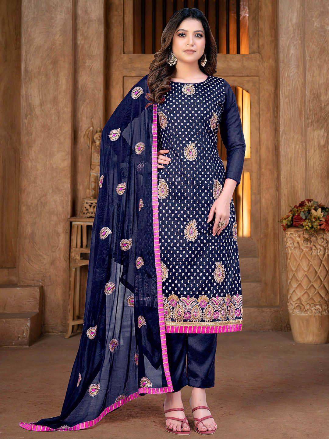 kalini blue & blue embroidered unstitched dress material