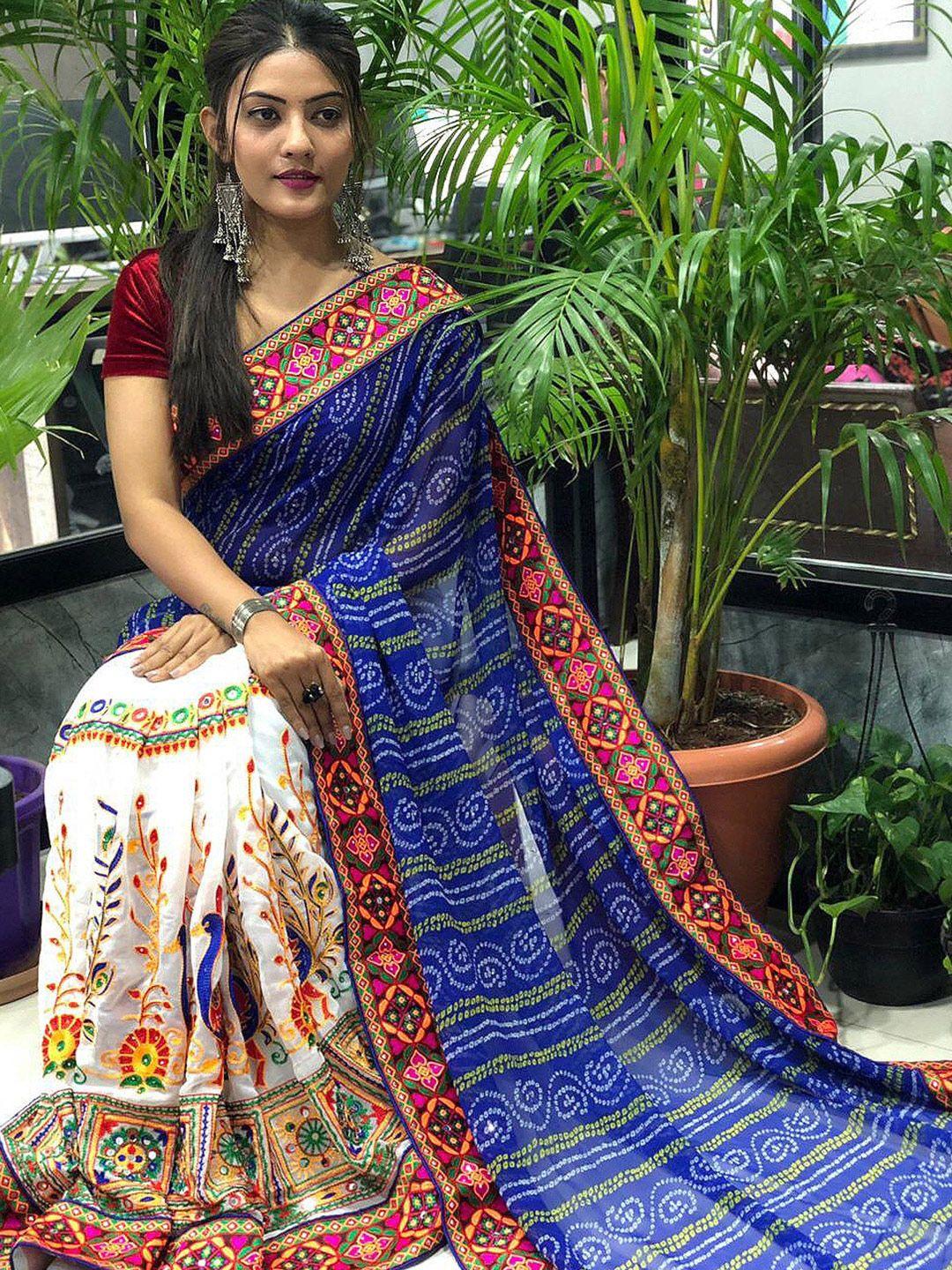 kalini blue & cream bandhani embroidered pure georgette half and half bandhani saree