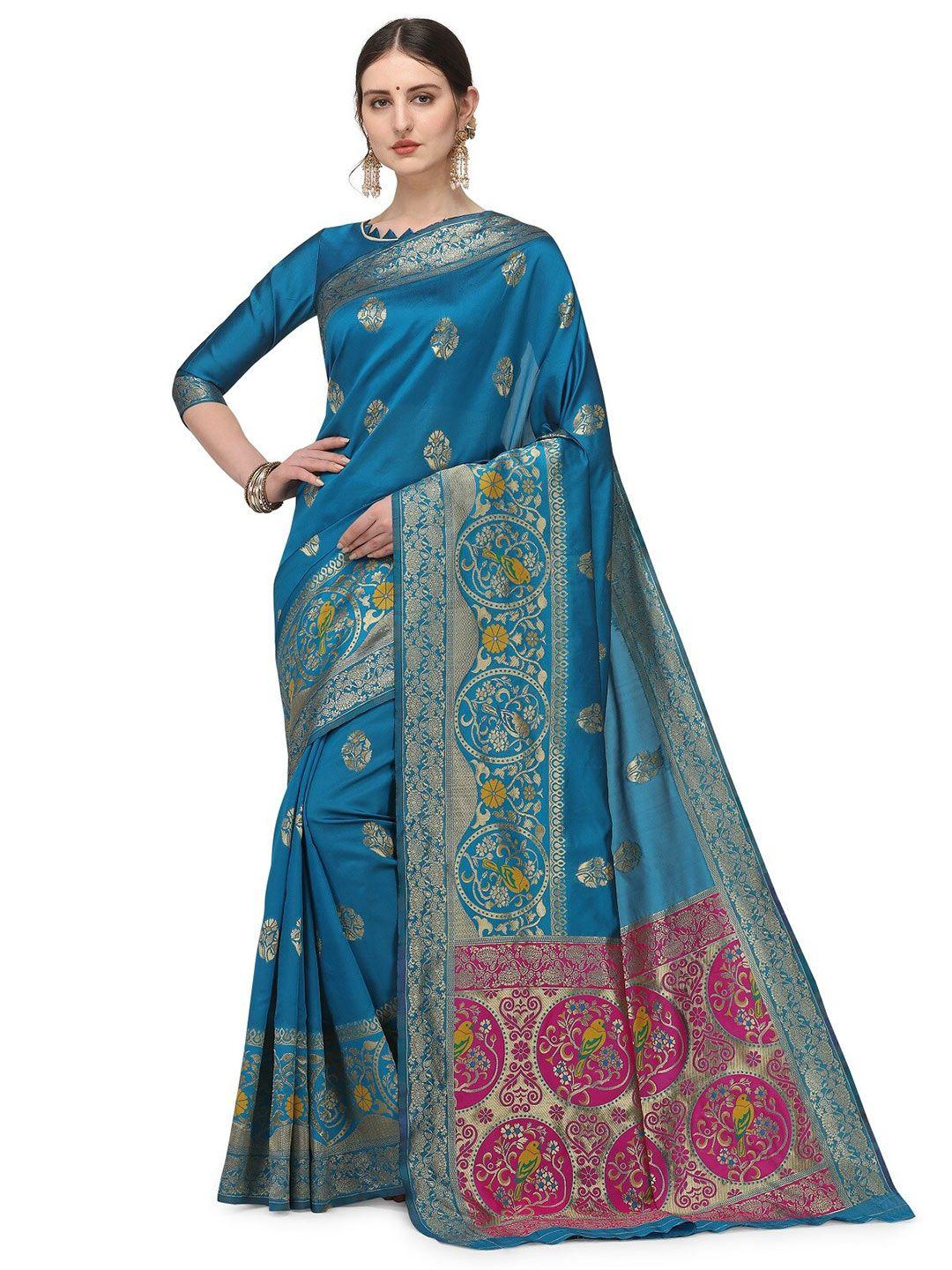 kalini blue & fuchsia woven design zari silk cotton  banarasi saree