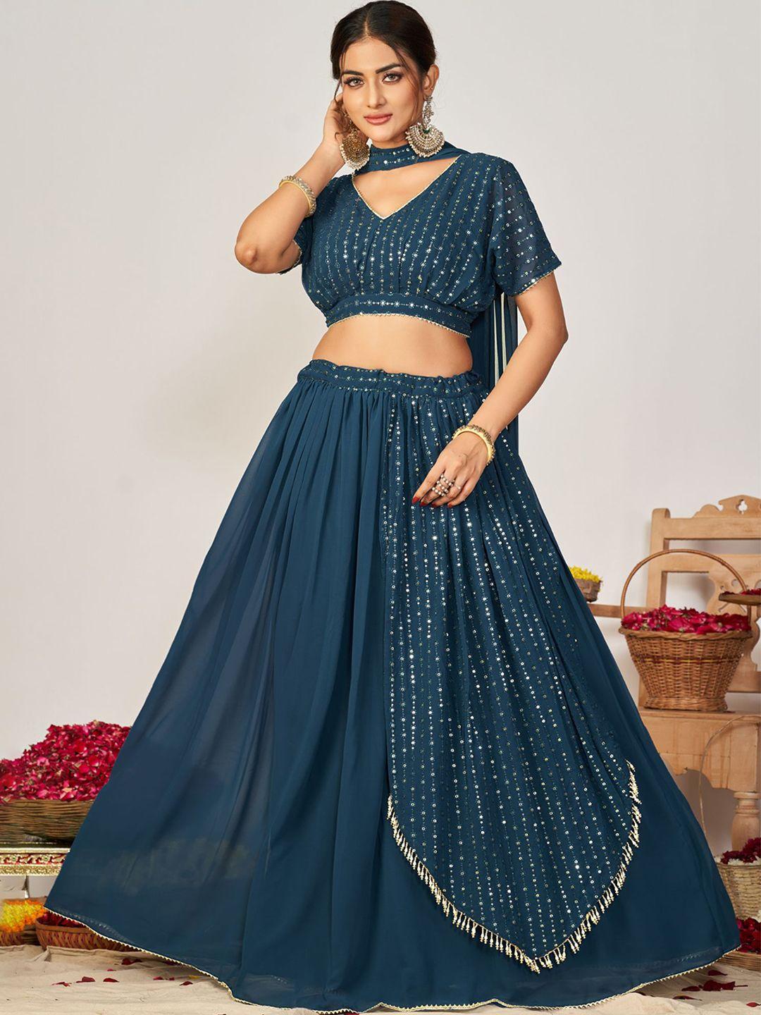 kalini blue & gold-toned embroidered sequinned ready to wear lehenga & blouse with dupatta