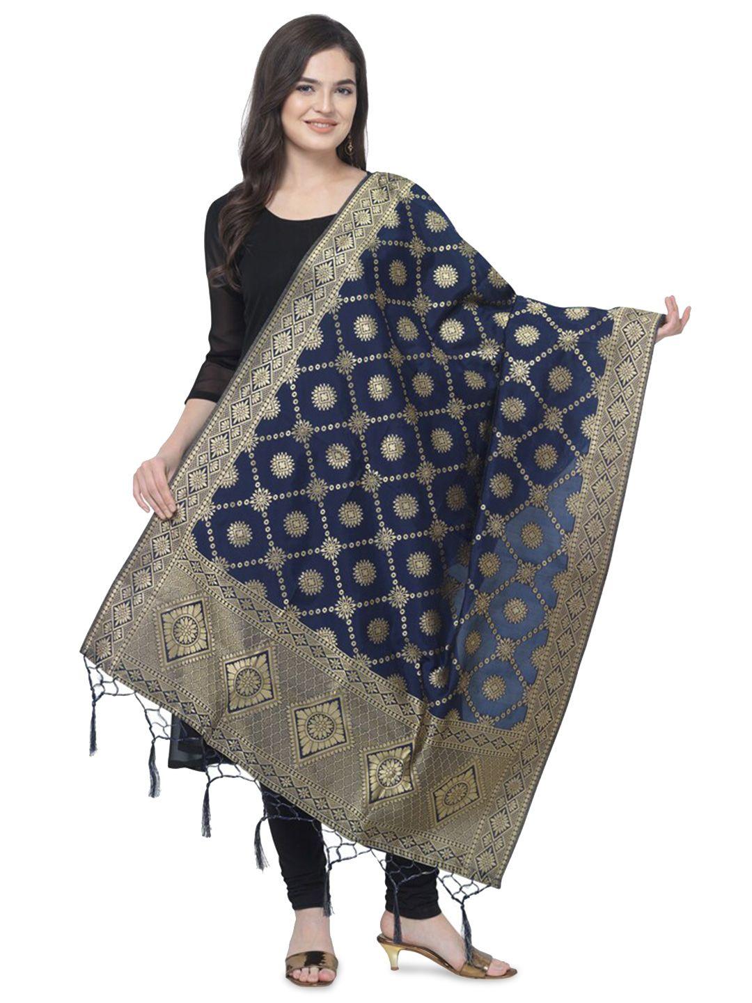 kalini blue & gold-toned ethnic motifs woven design dupatta with zari