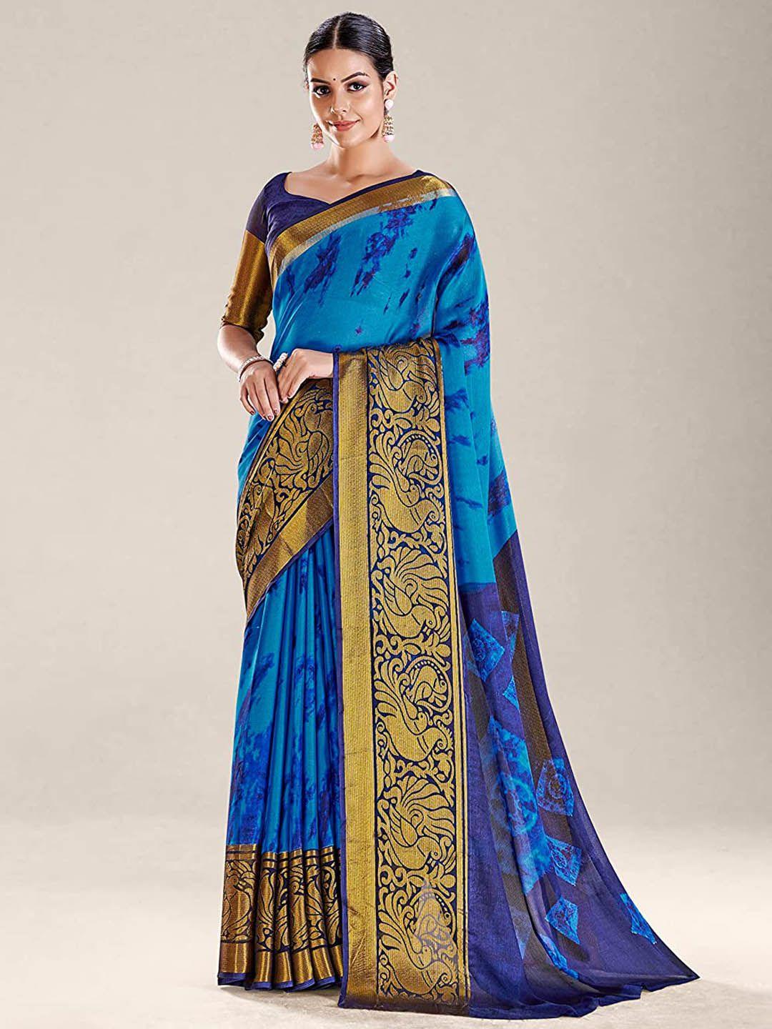 kalini blue & gold-toned zari pure chiffon saree