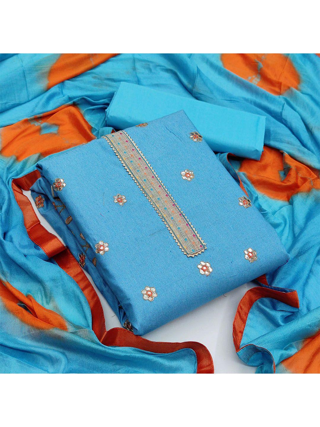kalini blue & orange embroidered pure cotton unstitched dress material