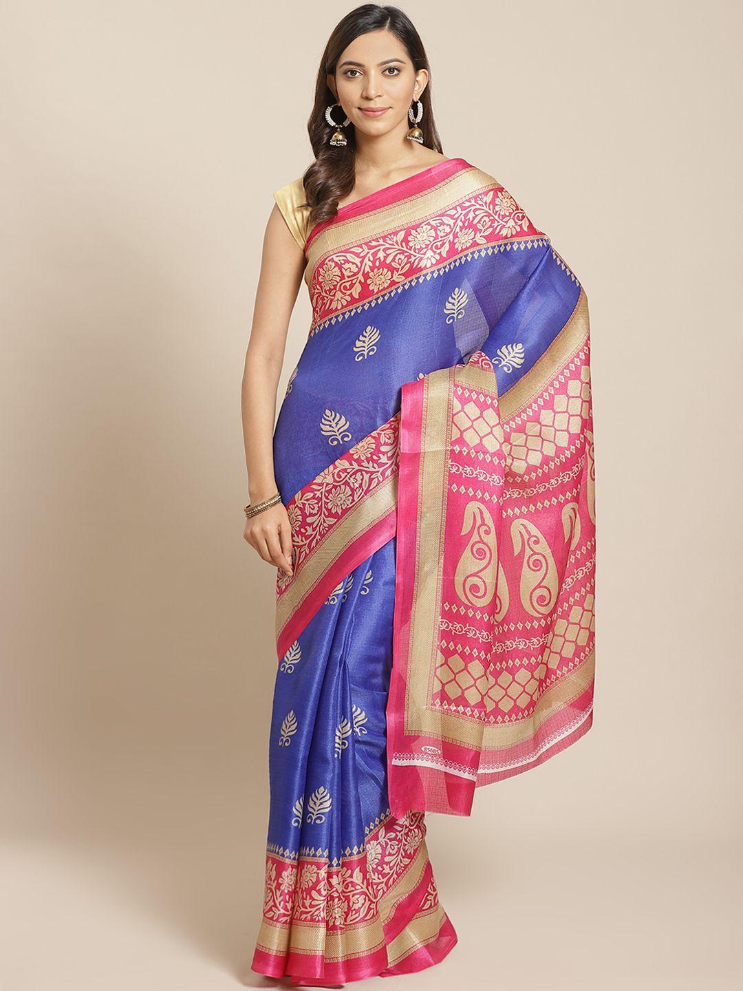 kalini blue & pink ethnic motifs print saree