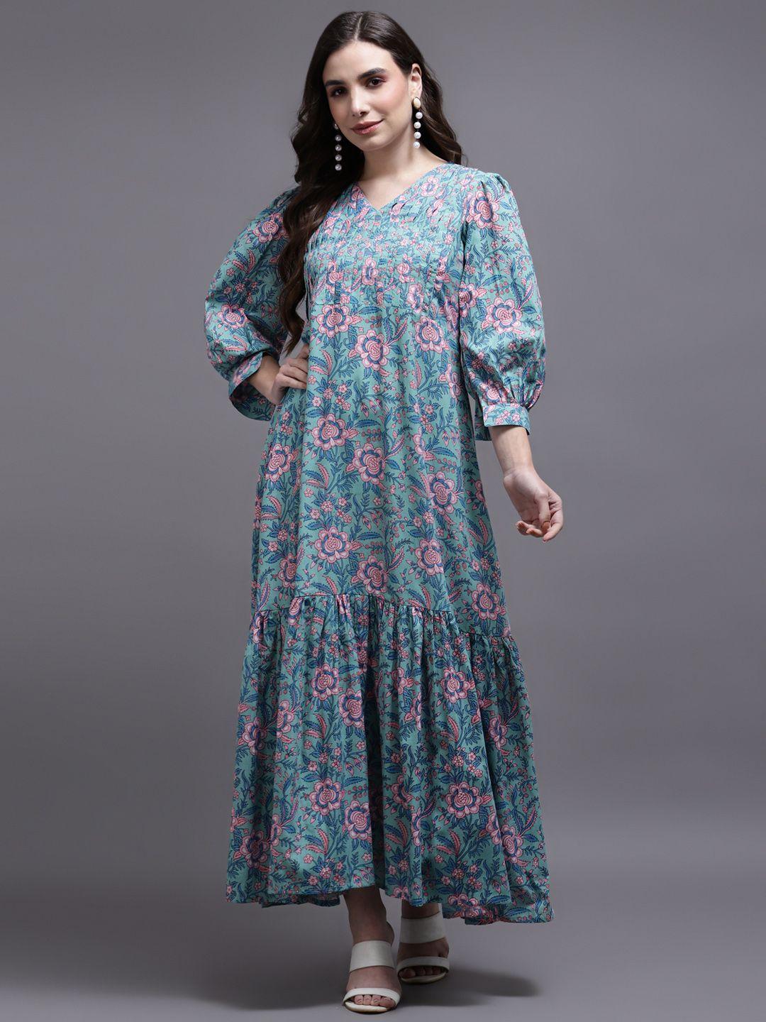 kalini blue & pink printed floral ethnic maxi dress