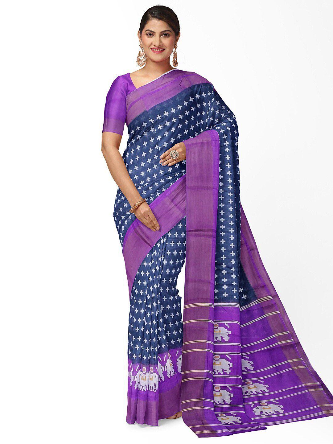 kalini blue & purple kalamkari silk blend  bhagalpuri saree