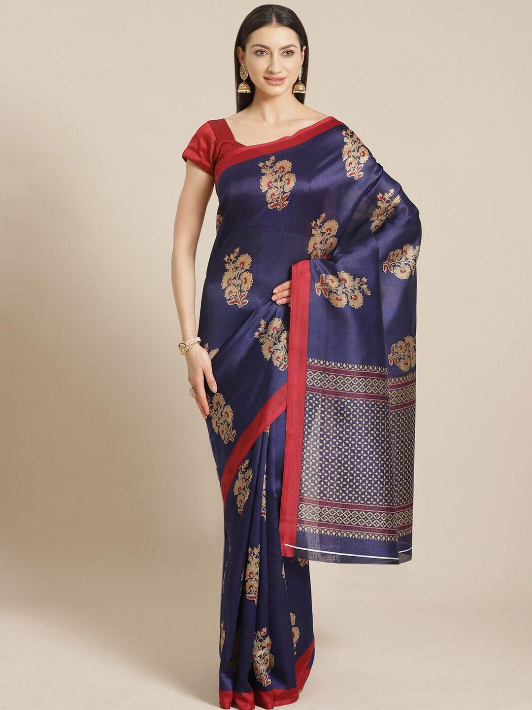 kalini blue & red floral printed mysore silk saree