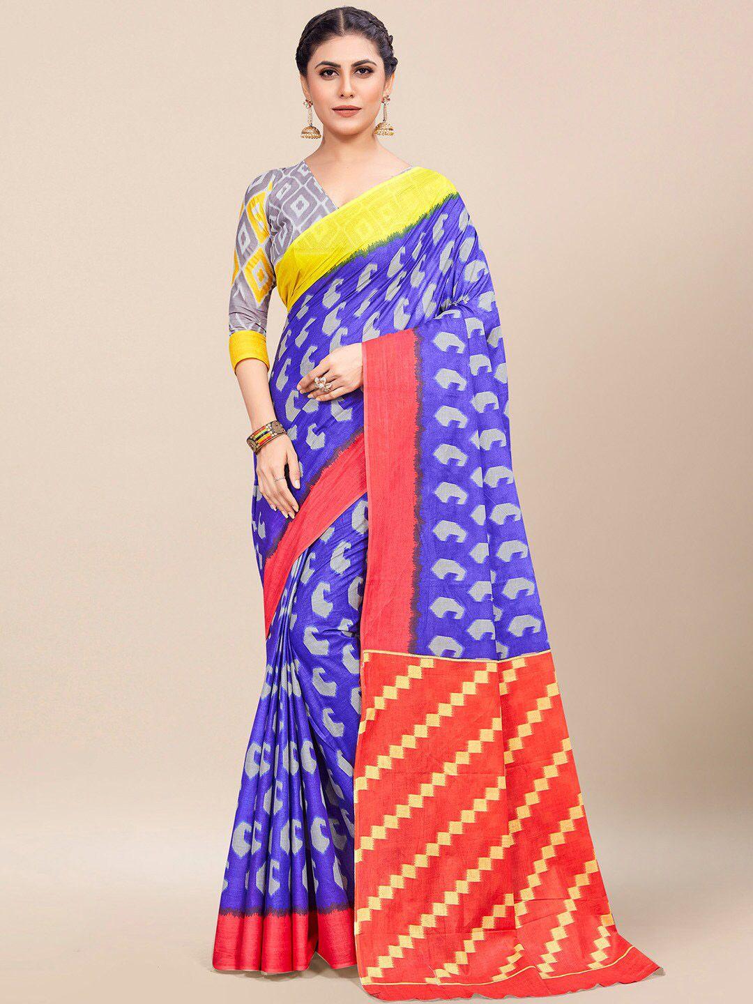 kalini blue & red pure cotton bagh saree