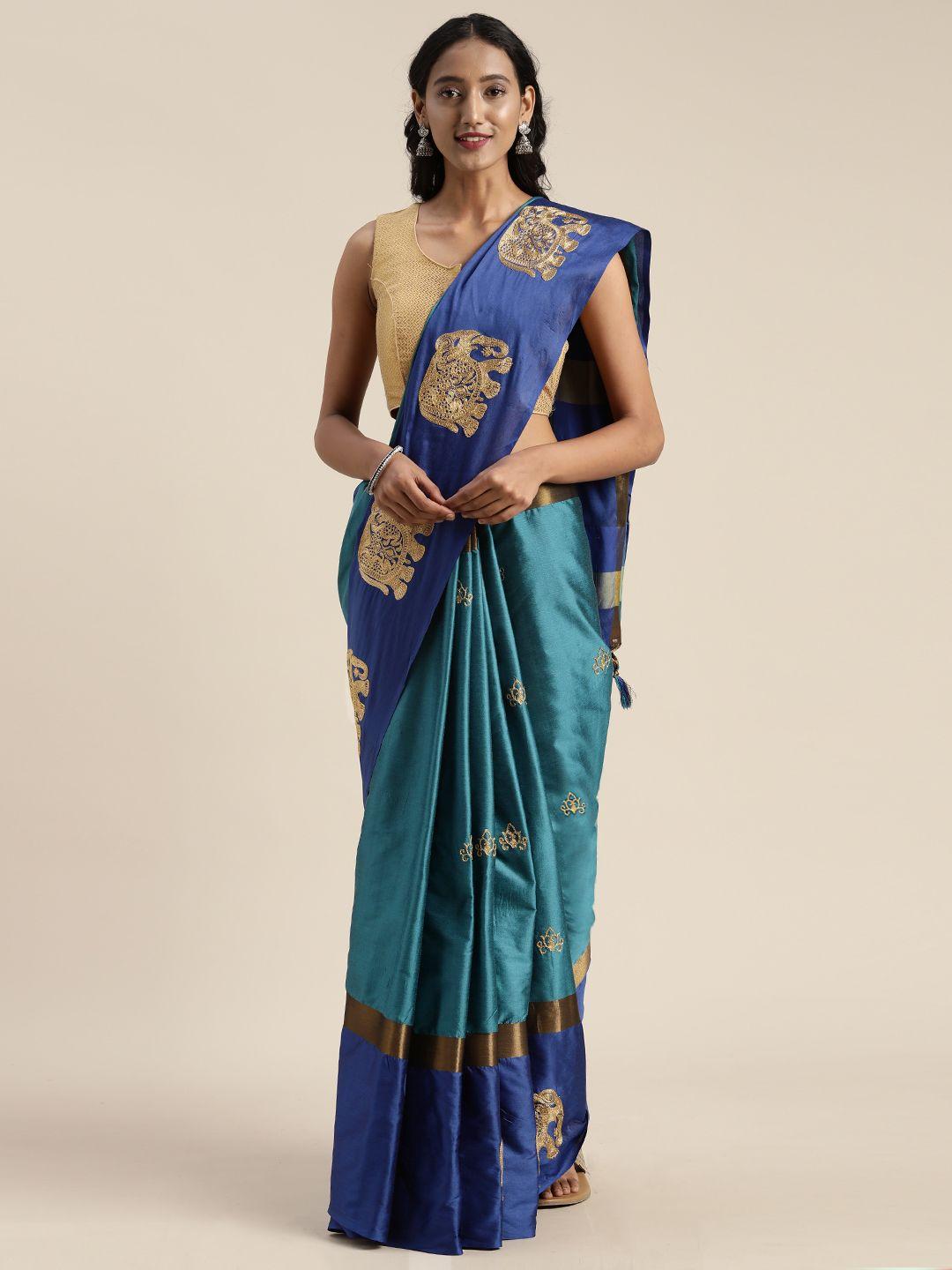 kalini blue embroidered silk cotton saree