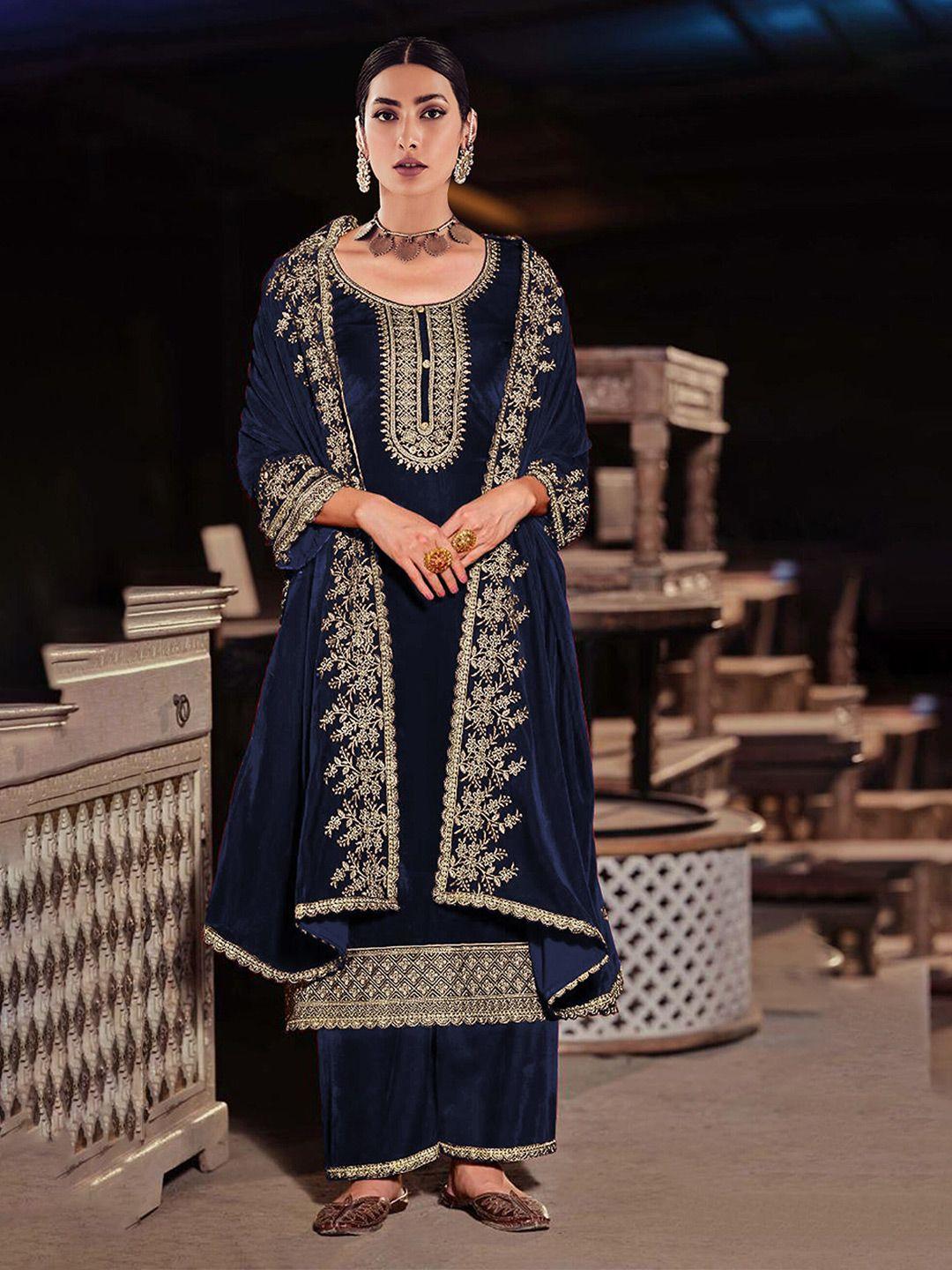 kalini blue embroidered velvet unstitched dress material