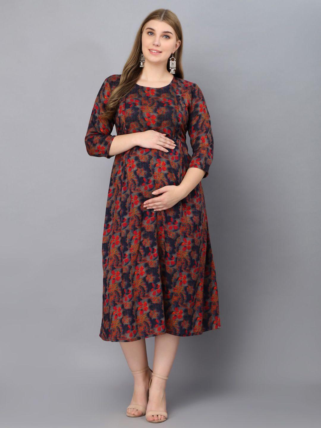 kalini blue floral print maternity a-line midi dress