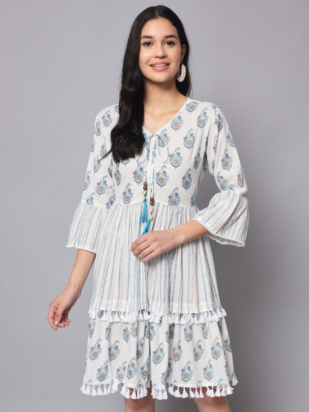 kalini blue floral print tie-up neck bell sleeve fit & flare dress