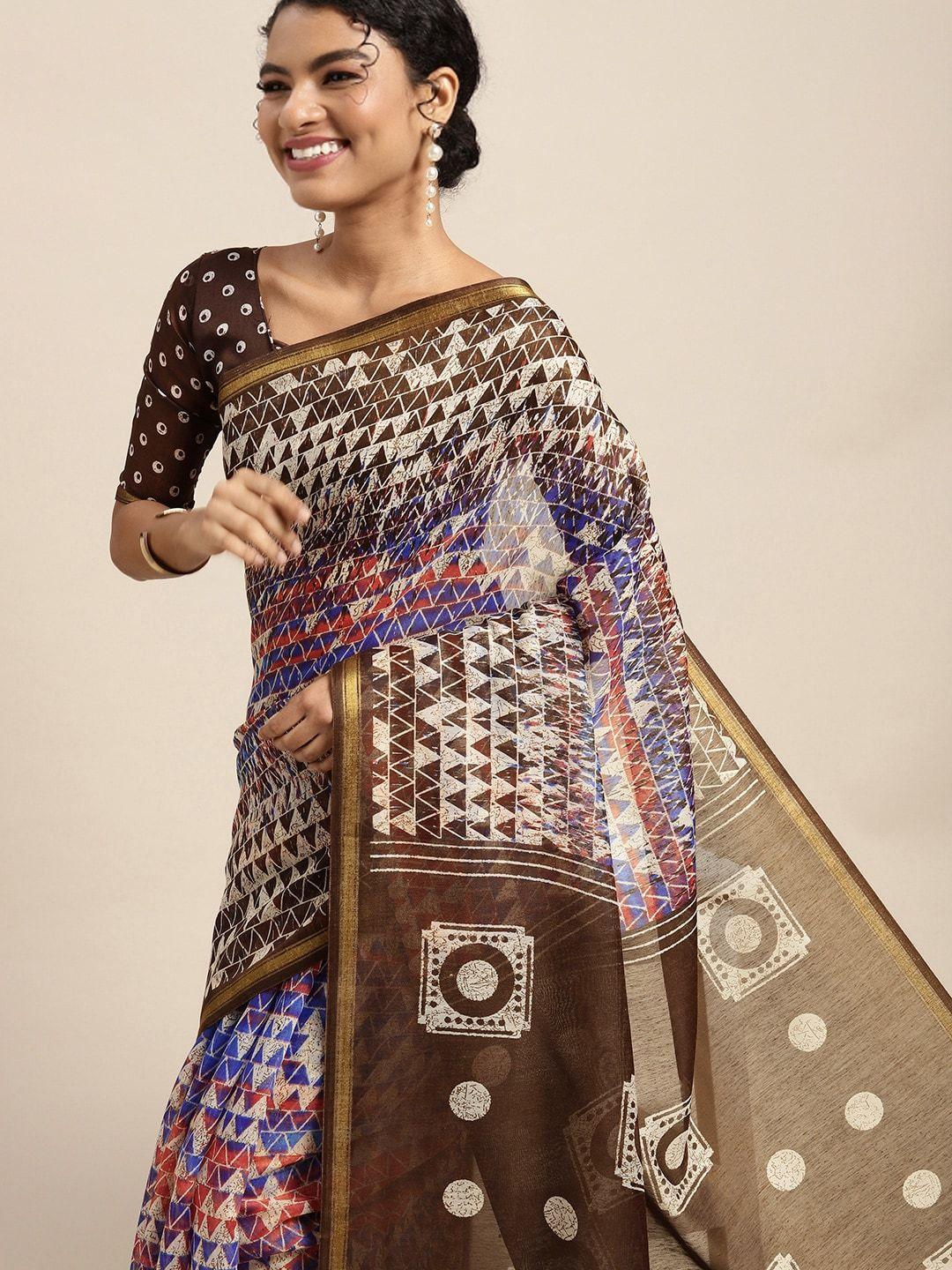 kalini brown & blue geometric printed zari saree