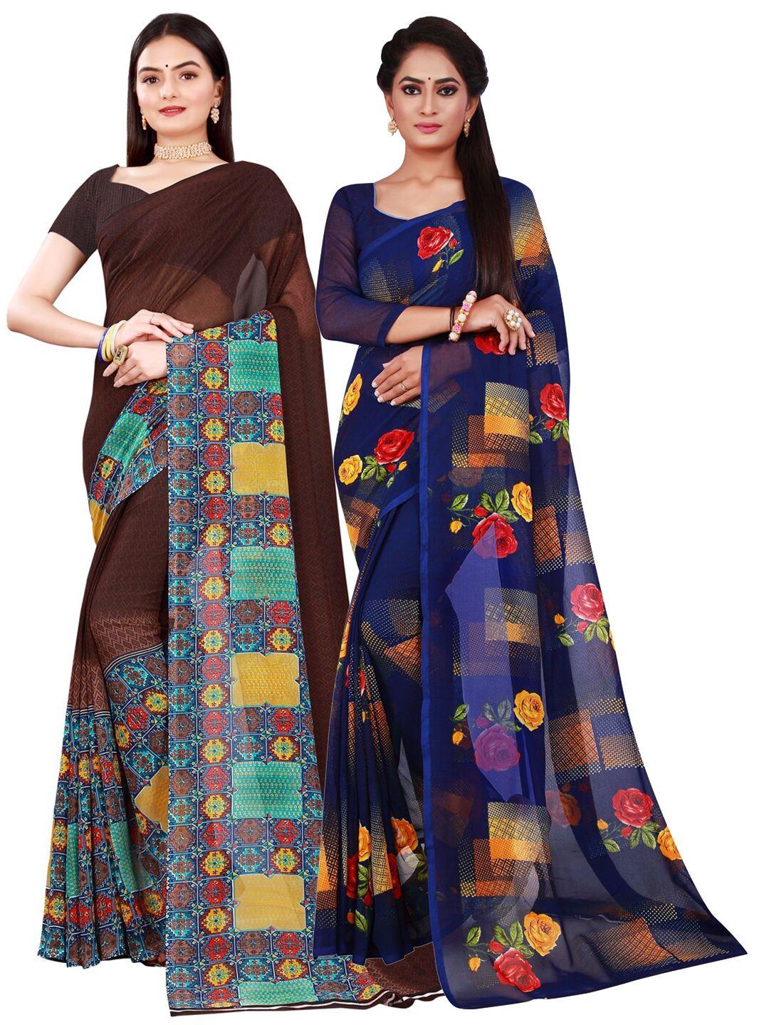 kalini brown & blue set of 2 pure georgette saree