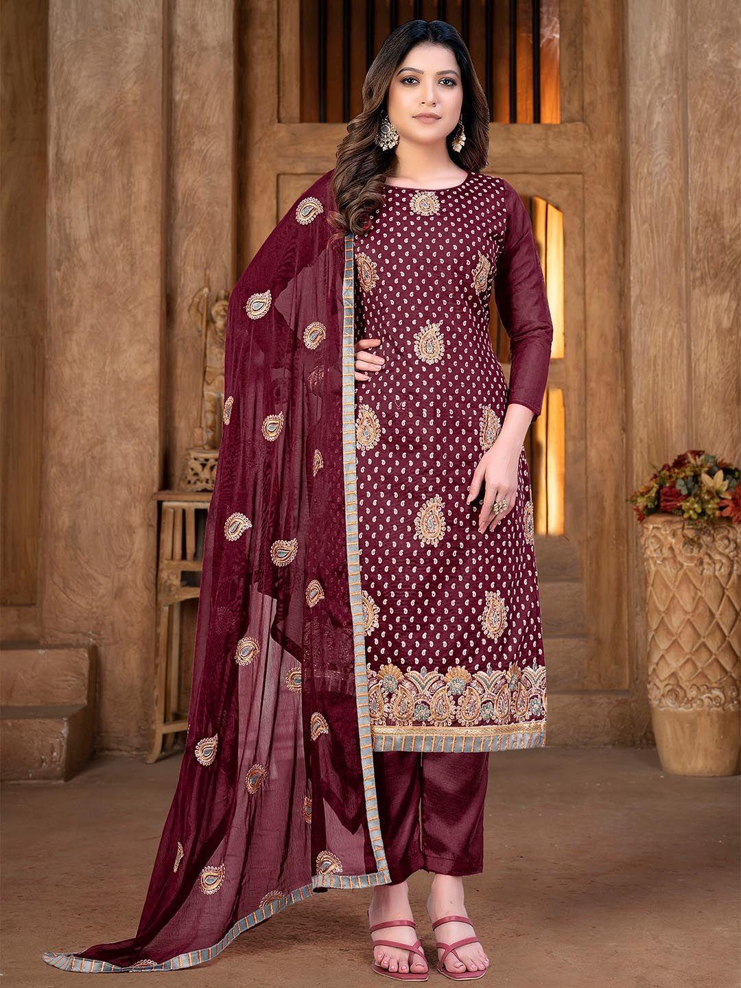 kalini brown & brown embroidered unstitched dress material