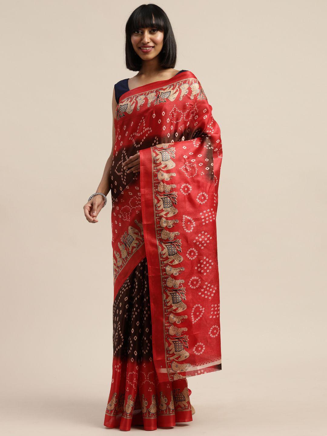kalini brown & red art silk printed mysore silk saree