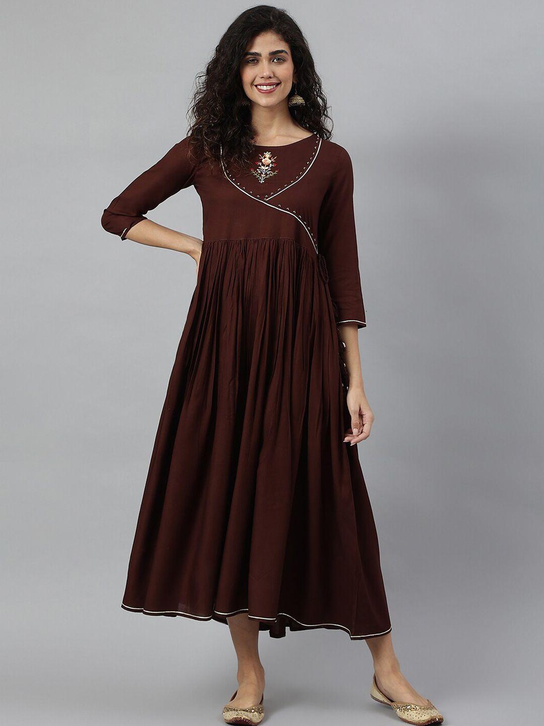 kalini brown embroidered ethnic wrap midi dress