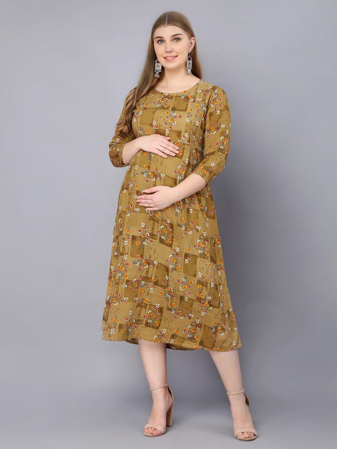 kalini brown floral print maternity a-line midi dress