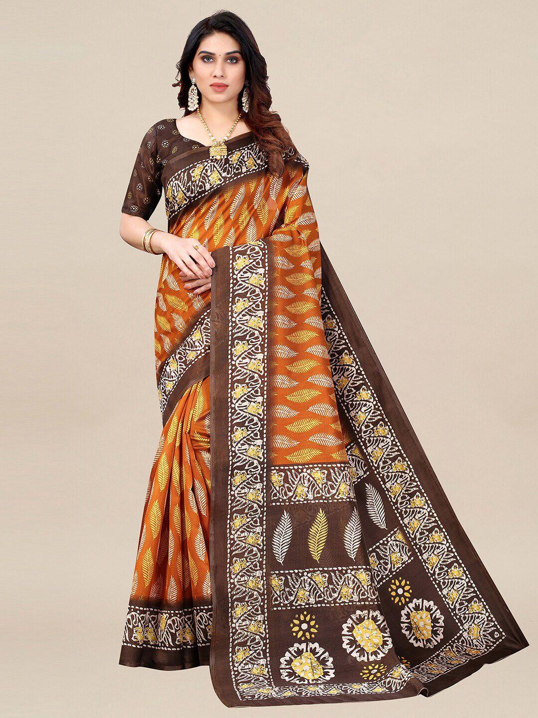 kalini camel brown & orange ethnic motifs pochampally art silk saree