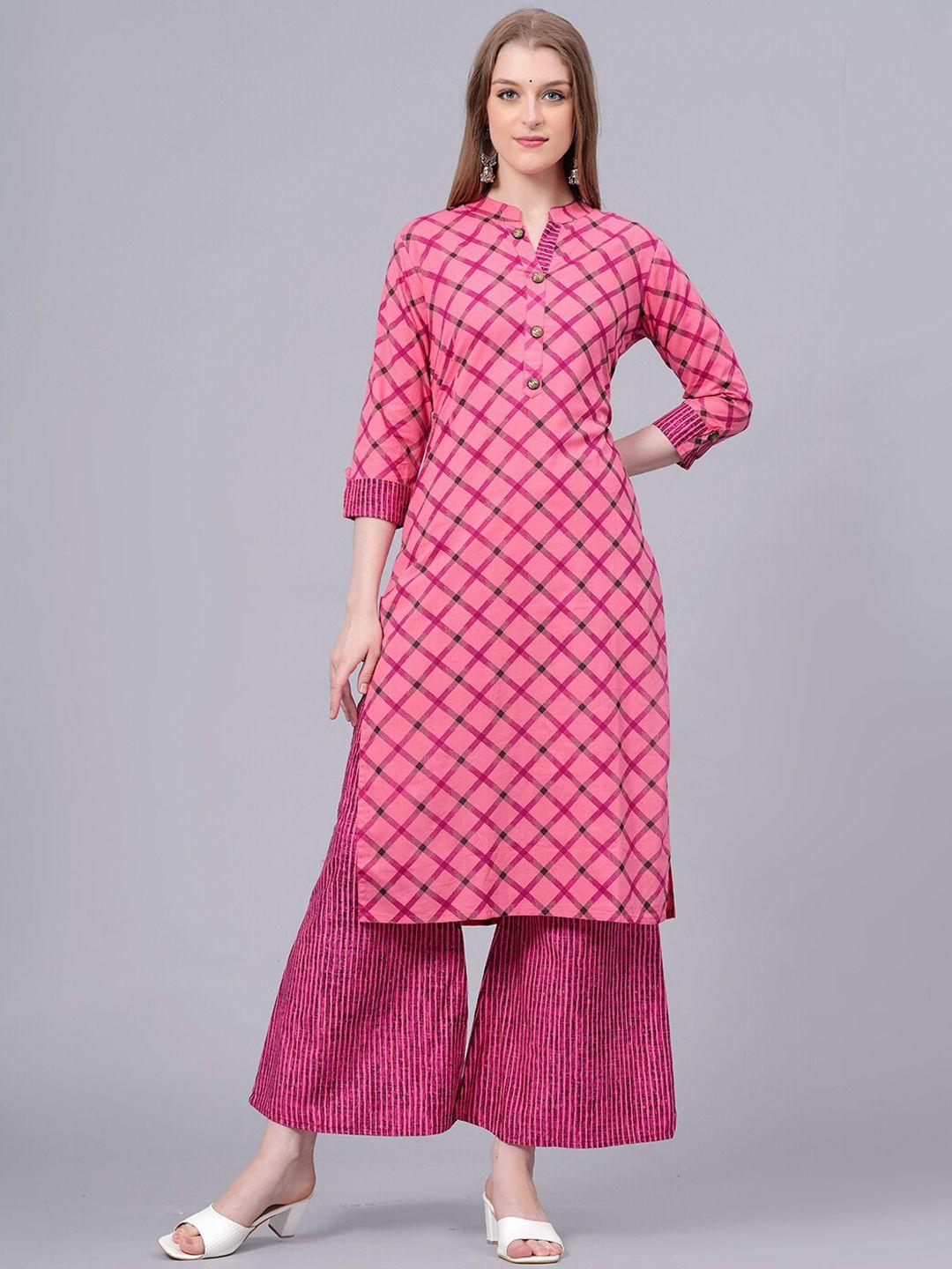 kalini checked mandarin collar pure cotton straight kurta with palazzos