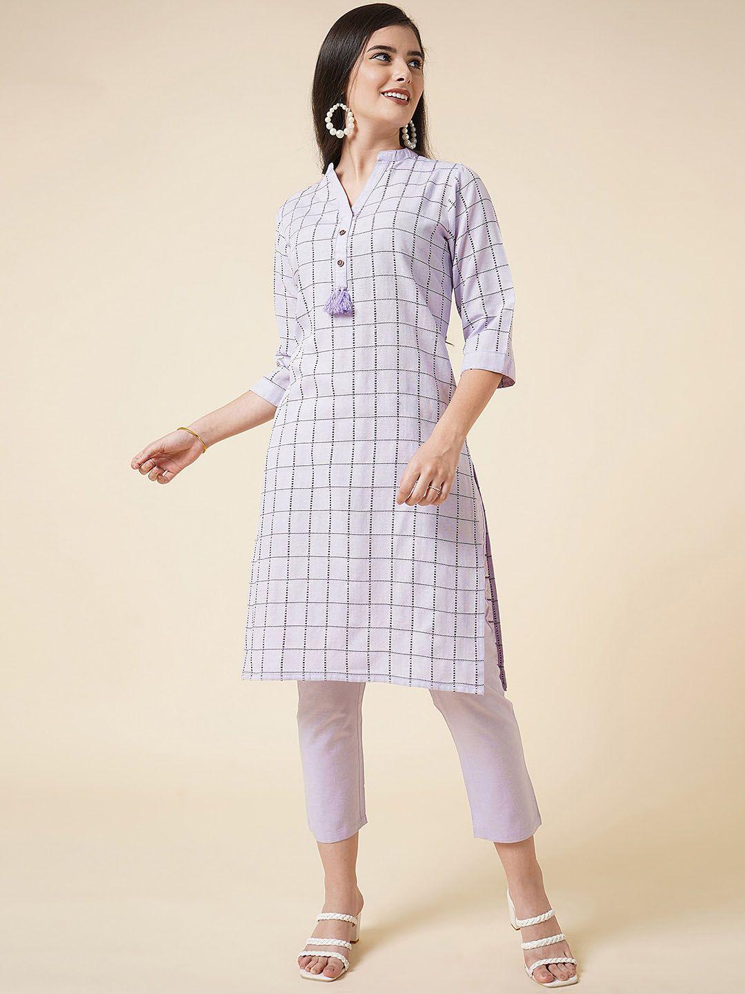 kalini checked mandarin collar regular kurta with trousers