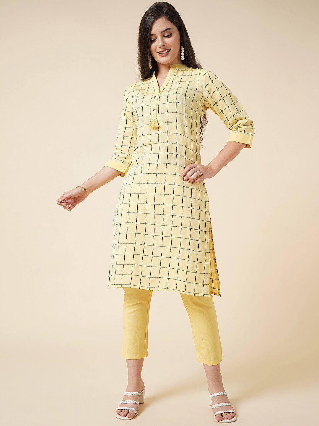 kalini checked mandarin collar straight kurta with trousers