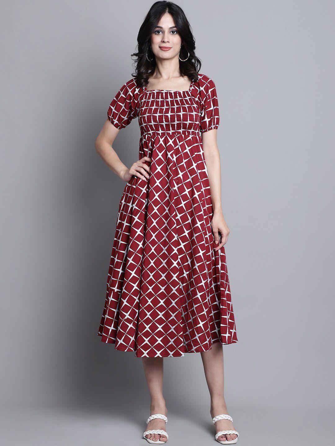 kalini checked puff sleeves fit & flare midi dress