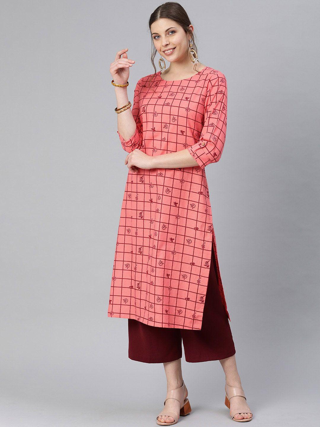 kalini checked roll-up sleeves straight kurta